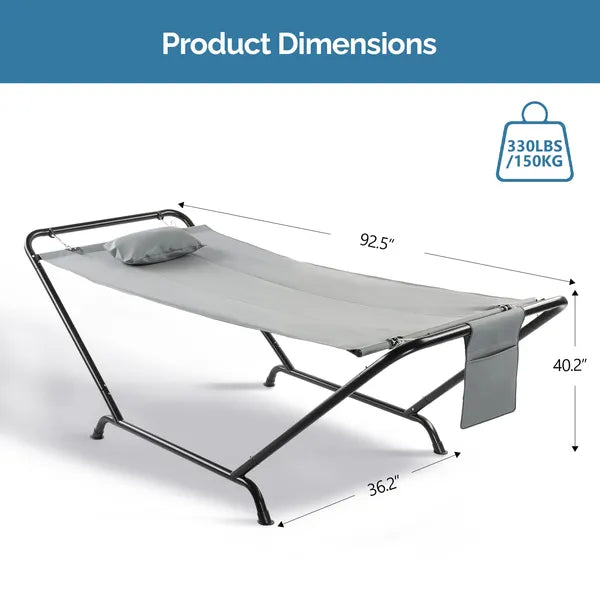 Freestanding Hammock With Stand, 550LBS Heavy Duty Outdoor Hammock Bed With Soft Pillow & Storage Bag, Grey