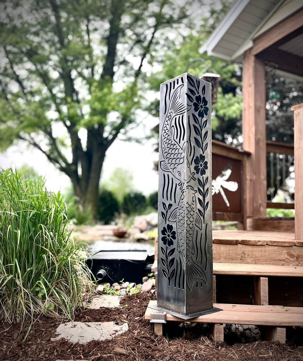 Floral Koi Steel Luminary Pillar | Multiple Sizes | Corten Available