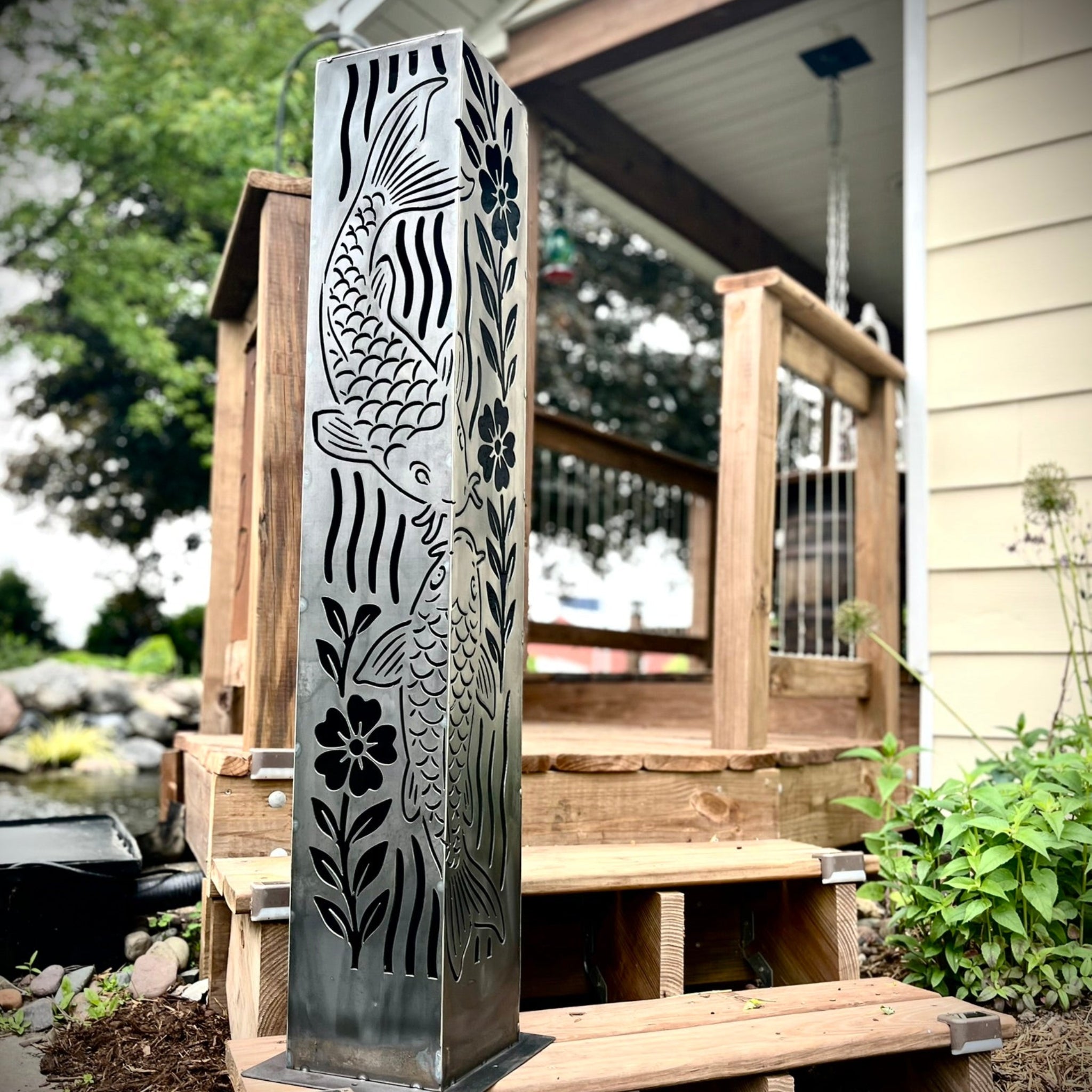 Floral Koi Steel Luminary Pillar | Multiple Sizes | Corten Available