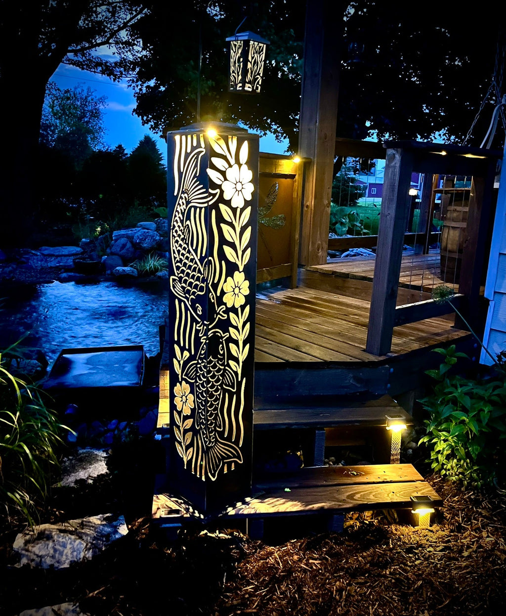 Floral Koi Steel Luminary Pillar | Multiple Sizes | Corten Available